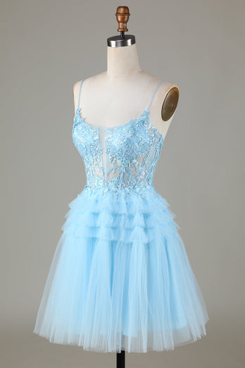 Blue Glitter Cute Short Formal Dress with Appliques