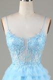 Blue Glitter Cute Short Formal Dress with Appliques