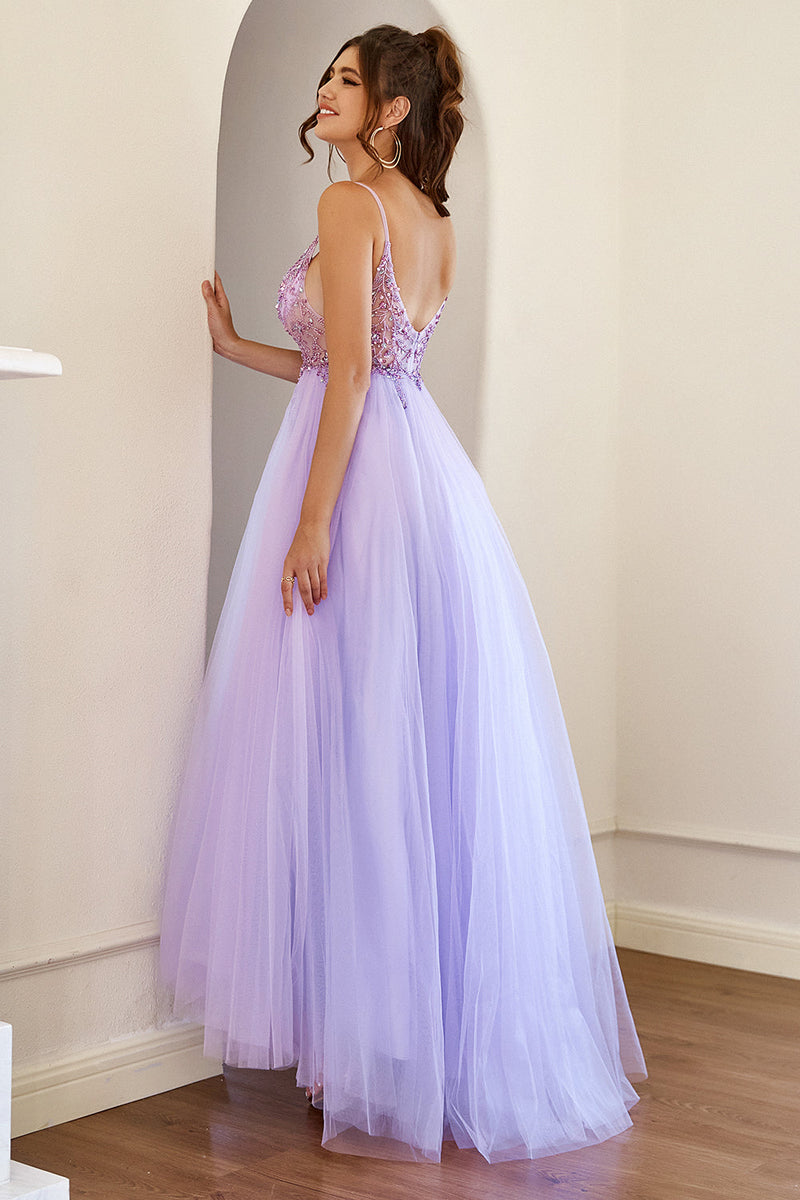 Load image into Gallery viewer, Purple Beading Tulle Formal Dress