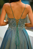 Dark Grey Glitter Spaghetti Straps Long Prom Dress