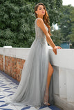 Grey V Neck Beaded Long Formal Dress