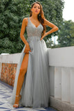 Grey V Neck Beaded Long Formal Dress