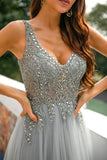 Grey V Neck Beaded Long Formal Dress