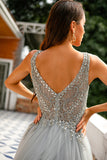 Grey V Neck Beaded Long Formal Dress