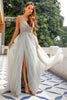 Load image into Gallery viewer, Grey V Neck Beaded Long Formal Dress