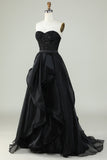 Princess A Line Sweetheart Black Strapless Ball Gown Formal Evening Dress