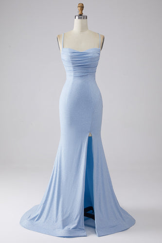 Light Blue Sparkly Mermaid Formal Dress with Slit