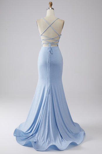 Light Blue Sparkly Mermaid Formal Dress with Slit