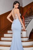 Sparkly Mermaid Light Blue Formal Dress with Slit