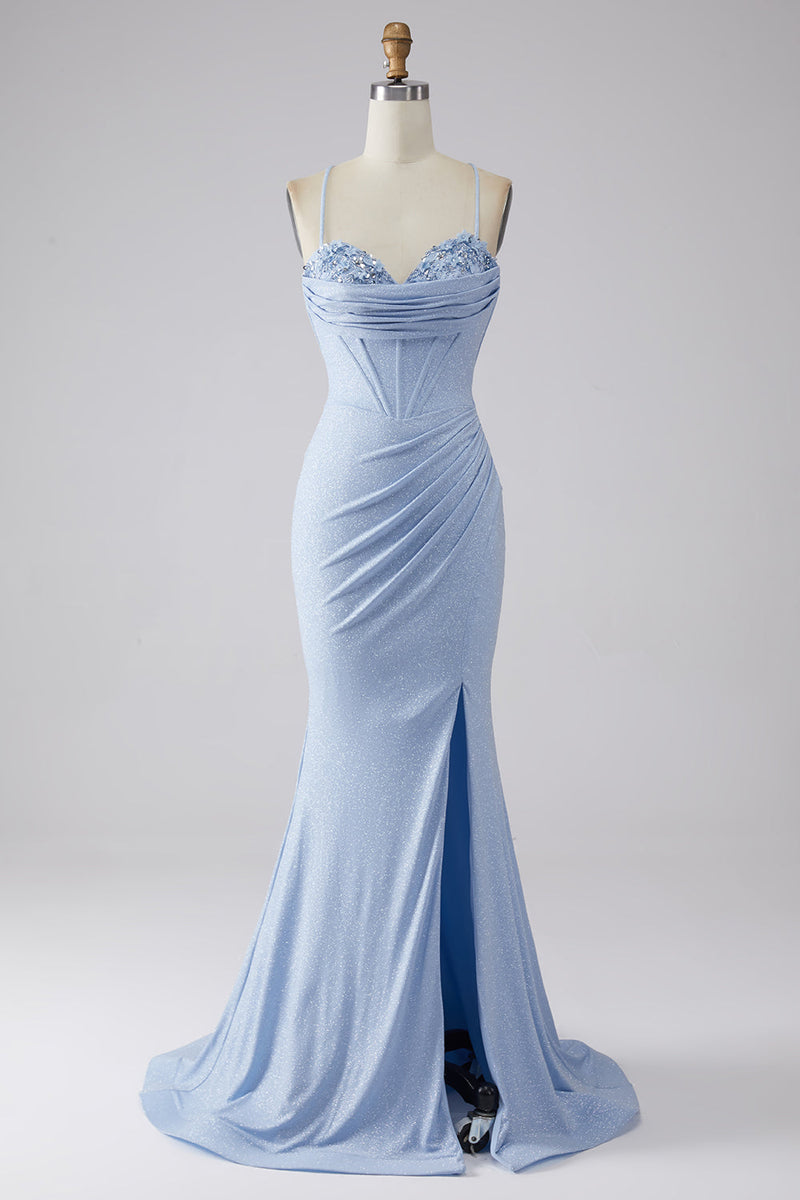 Load image into Gallery viewer, Light Blue Sparkly Mermaid Formal Dress with Slit