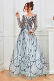 Light Blue Long Sleeves Beaded Evening Dress
