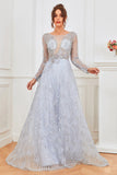 Light Blue Beaded Formal Dress with Sleeves