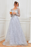Light Blue Beaded Formal Dress with Sleeves