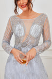 Light Blue Beaded Formal Dress with Sleeves