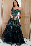 A Line Off the Shoulder Dark Green Party Dress Embroidery