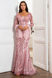 Mermaid V Neck Blush Sequins Mother of the Bride Dress