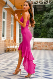 Fuchsia Backless High-Low Chiffon Formal Prom Party Dress With Ruffle