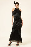 Sparkly Black Beaded Long Gatsby 1920s Dress with Fringes