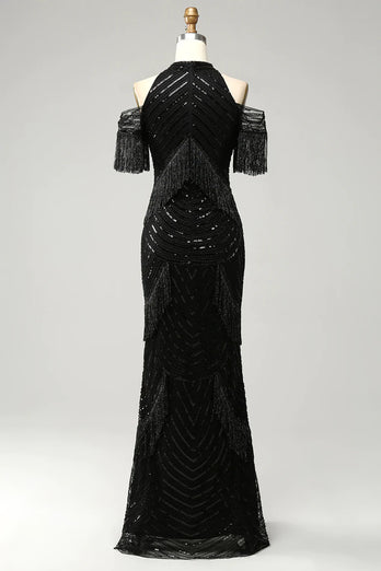Black Halter Sequin Fringe Formal Dress