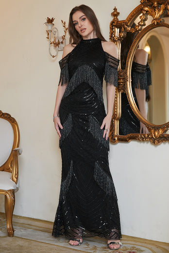 Black Halter Sequin Fringe Formal Dress