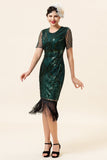 Sheath Round Neck Dark Green Beaded 1920s Flapper Dress with Tassel