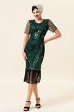 Sheath Round Neck Dark Green Beaded 1920s Flapper Dress with Tassel
