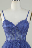Cute A Line Spaghetti Straps Dark Blue Sparkly Corset Short Formal Dress