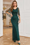 Dark Green Sequined Scoop Neck Long 1920s Formal Party Dress