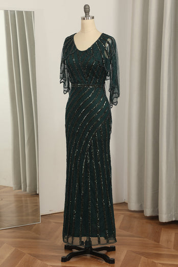 Dark Green Sequined Scoop Neck Long 1920s Formal Party Dress