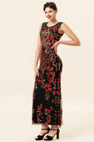 Sheath Round Neck Black Red Love Heart Beaded Long Flapper 1920s Dress