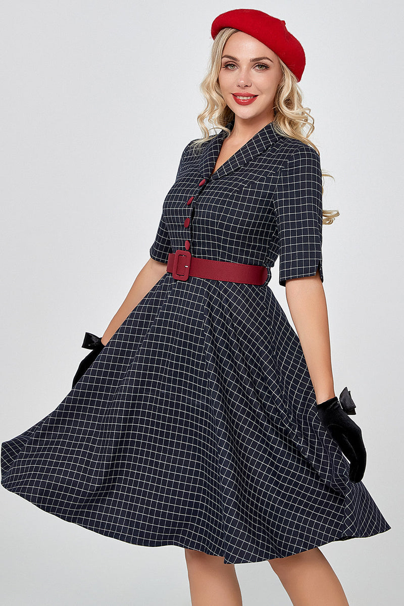 Load image into Gallery viewer, Navy Gingham Vintage 1950s Dress with Sleeves