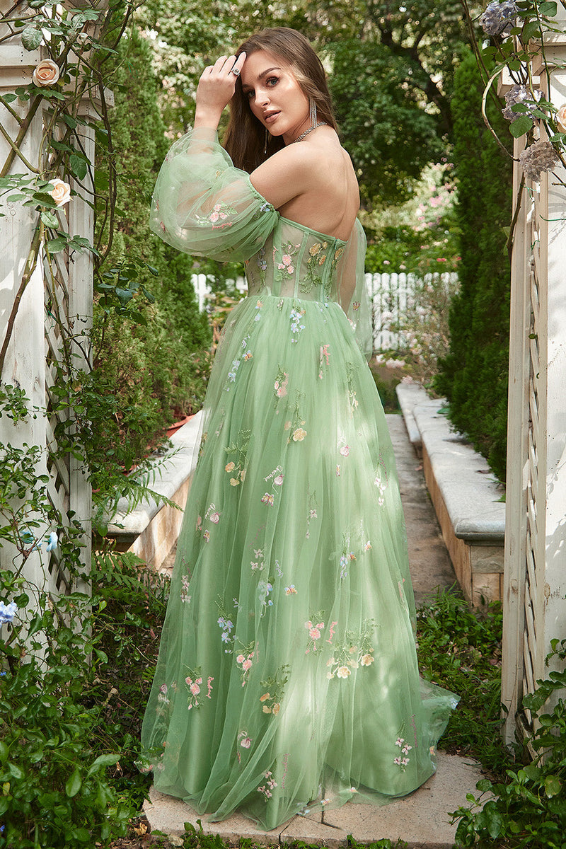 Load image into Gallery viewer, Off The Shoulder Green Long Sleeves A-Line Formal Dress