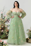 A Line Off the Shoulder Green Plus Size Formal Dress with Embroidery