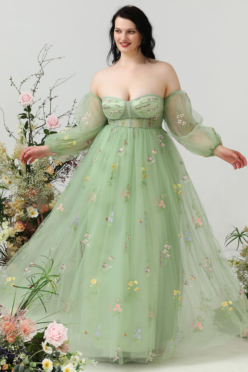 Load image into Gallery viewer, A Line Off the Shoulder Green Plus Size Formal Dress with Embroidery