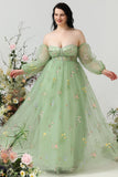 A Line Off the Shoulder Green Plus Size Formal Dress with Embroidery