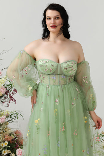 A Line Off the Shoulder Green Plus Size Formal Dress with Embroidery