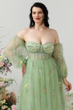 A Line Off the Shoulder Green Plus Size Formal Dress with Embroidery