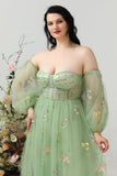 A Line Off the Shoulder Green Plus Size Formal Dress with Embroidery