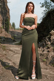 Green Strapless Satin Formal Dress with Slit