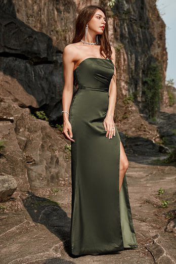 Sheath Strapless Olive Long Formal Dress with Split Front