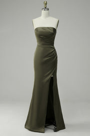 Green Strapless Satin Formal Dress with Slit