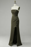 Green Strapless Satin Formal Dress with Slit