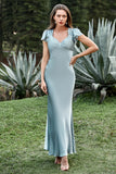 Grey Blue Satin Simple Formal Dress with Ruffles