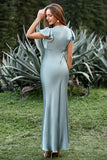 Grey Blue Satin Simple Formal Dress with Ruffles