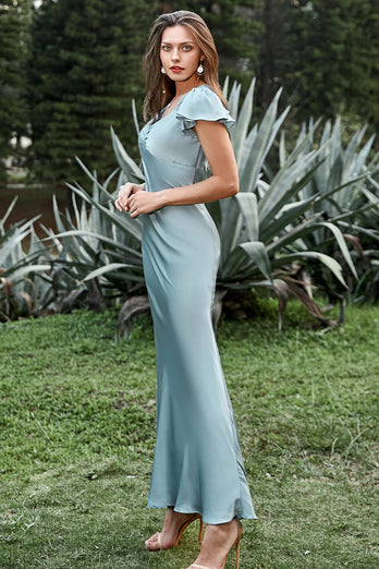 Grey Blue Satin Simple Formal Dress with Ruffles