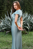 Grey Blue Satin Simple Formal Dress with Ruffles