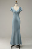 Grey Blue Satin Simple Formal Dress with Ruffles