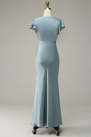 Grey Blue Satin Simple Formal Dress with Ruffles