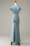 Grey Blue Satin Simple Formal Dress with Ruffles