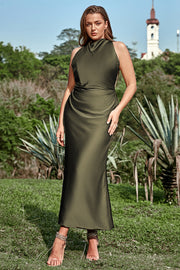 Sheath Cowl Neck Olive Tea Length Plus Size Formal Dress with Open Back